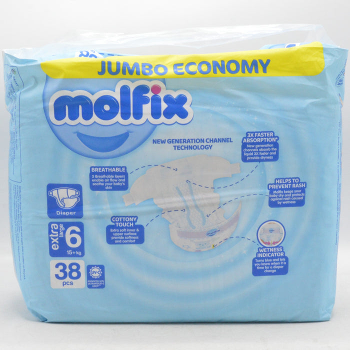 Molfix Diaper Jumbo Economy Bachat Pack Extra Large Size 6, 15+Kg 38 PCS