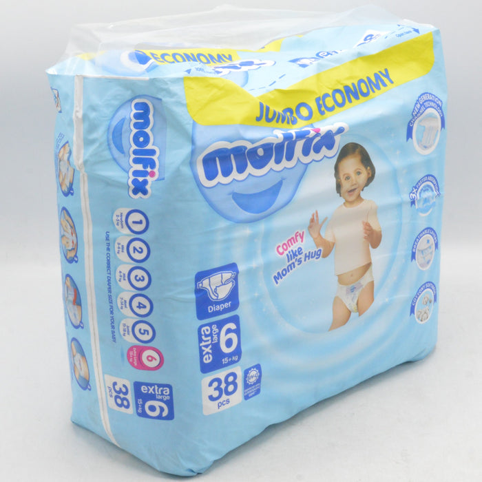 Molfix Diaper Jumbo Economy Bachat Pack Extra Large Size 6, 15+Kg 38 PCS