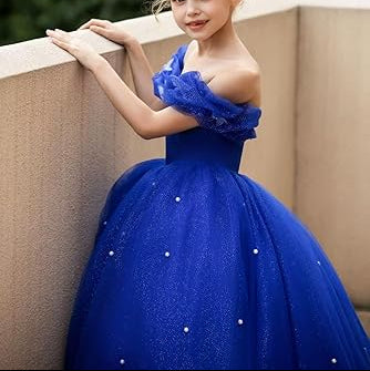 Royal Blue Skill Net off Shoulder Kids Gown