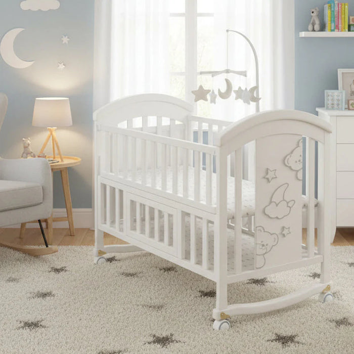 White Wooden Baby Cot with Hanging Rattles