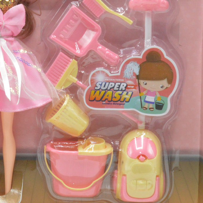 Beautiful Doll with Cleaning Playset