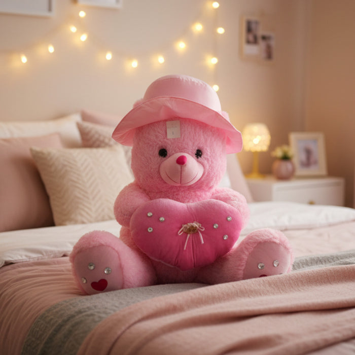 Pink Heart Cute Plush Hat Teddy