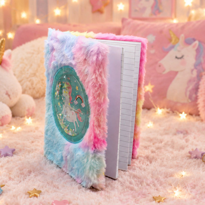 Fluffy Plush Diary with Circular Liquid Glitter