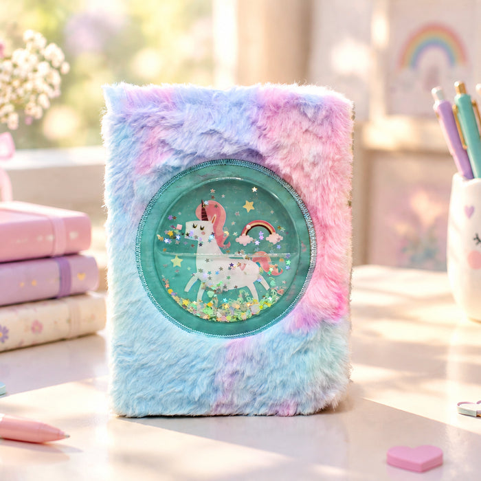 Fluffy Plush Diary with Circular Liquid Glitter