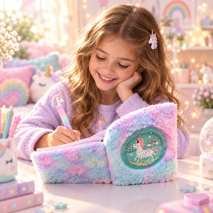 Fluffy Plush Diary with Circular Liquid Glitter