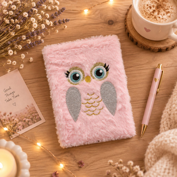 Glitter OWL Theme Pink Plush Diary
