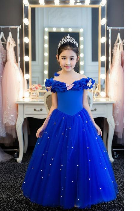 Royal Blue Skill Net off Shoulder Kids Gown